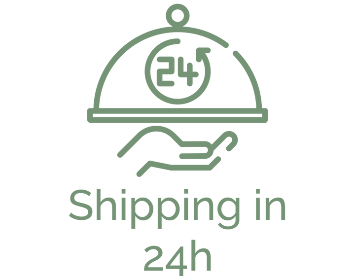 Grünes Logo mit einem Tablett, das mit einem 24-Stunden-Zeichen ausgeliefert wird. Darunter steht "24-Stunden-Lieferung".